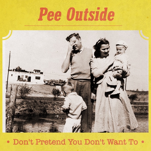 Vintage small boy peeing at outside with family picture.
