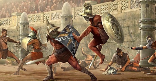 A painting of spartan warriors in battle, inspired by Ancient Roman honor.