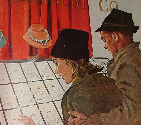 Vintage illustration man and woman looking at diamond engagement rings.