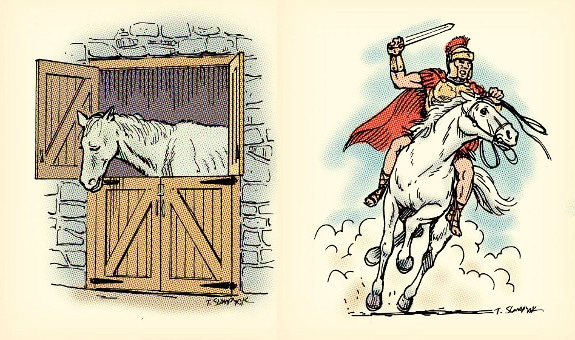 Plato Thomas illustration riding white horse.