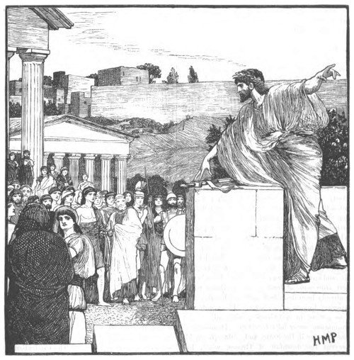 Ancient Greek man on podium debating with citizens.