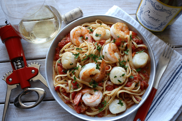 Homemade seafood scampi.