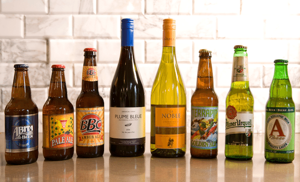Beer and wine lineup with alcohol booze. 
