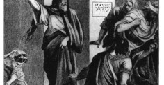 A monochrome illustration of a man addressing a group of people.