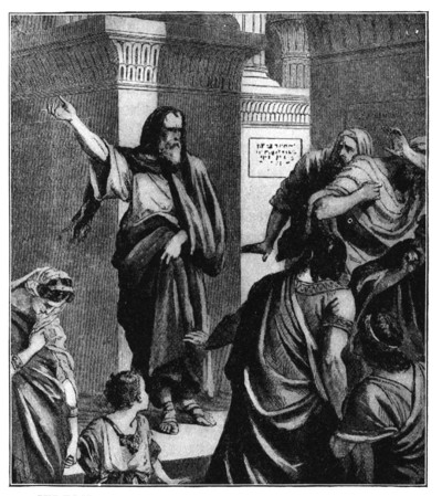 A monochrome illustration of a man addressing a group of people.