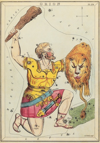 Man with lion's head and big wooden rod representing zodiac signs.