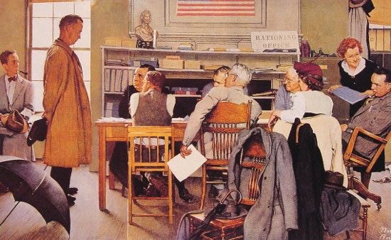 Vintage illustration painting man standing talking to men at table.
