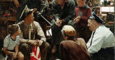 A painting depicting a group of men working together in a workshop.