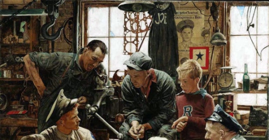 A painting depicting a group of men working together in a workshop.