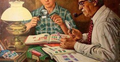 A man and boy starting a stamp collection.