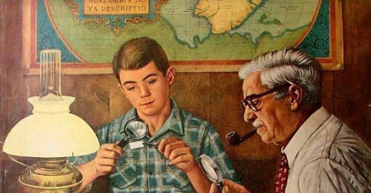 A man and boy starting a stamp collection.