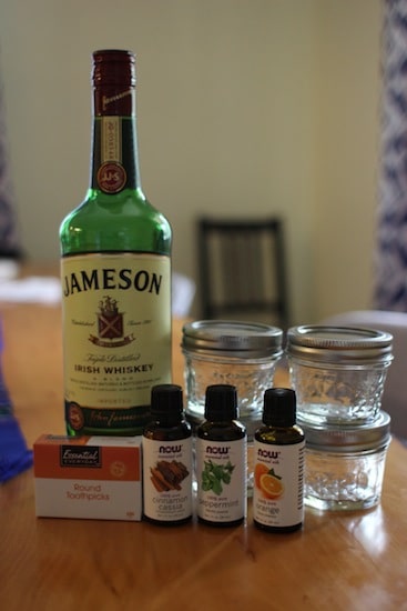 Supplies for Diy flavored toothpicks whiskey essential oils.
