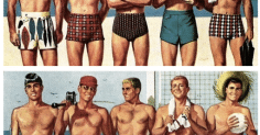 A group of men in swim trunks standing next to each other, following the Man's Guide.