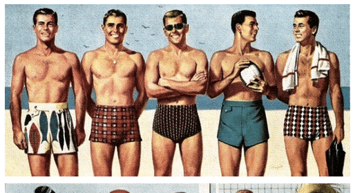 A group of men in swim trunks standing next to each other, following the Man's Guide.