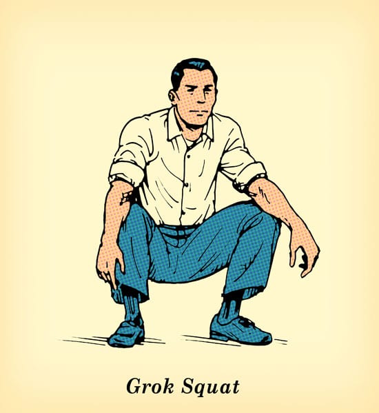 Man doing grok squat exercise illustration.