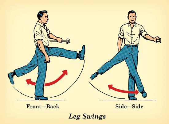 Men doing exercise of leg swings illustration.