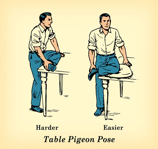 Men doing table pigeon pose exercise illustration.