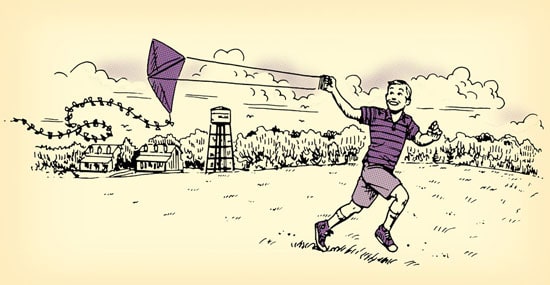 Young boy flying kite in field next to farm illustration.