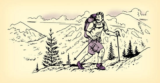 Man hiking climbing up mountain illustration.