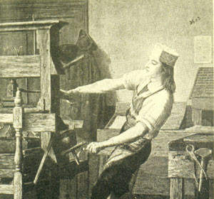 An old engraving of a man working on a printing press, inspired by Benjamin Franklin and his Plan of Conduct.