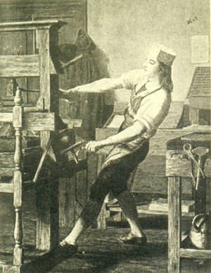 Ben Benjamin Franklin working on printing press illustration. 