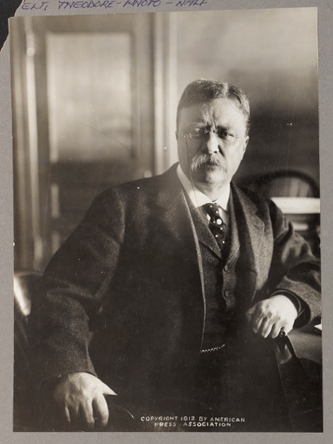 Frame of Teddy Theodore sitting at desk.