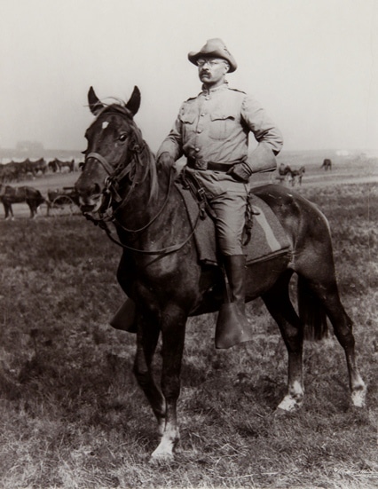 Teddy Theodore in uniform on horseback.