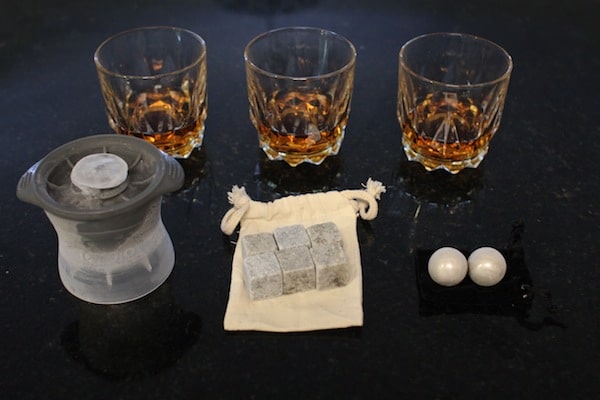 The ice ball, whiskey stones, and stainless whiskey balls.