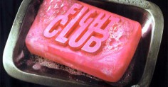 A pink soap bar with "Fight Club" printed on it, embodying the essence of manliness.