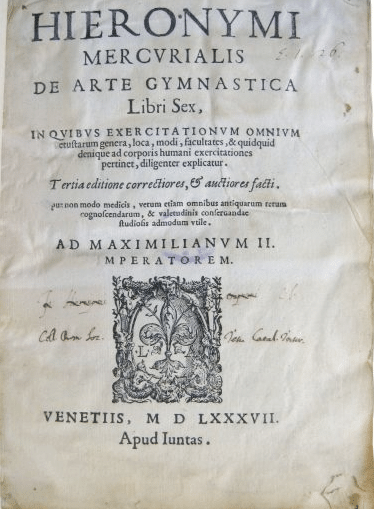 Book cover, mercurialis de arte gymnastica by Apud Luntas. 