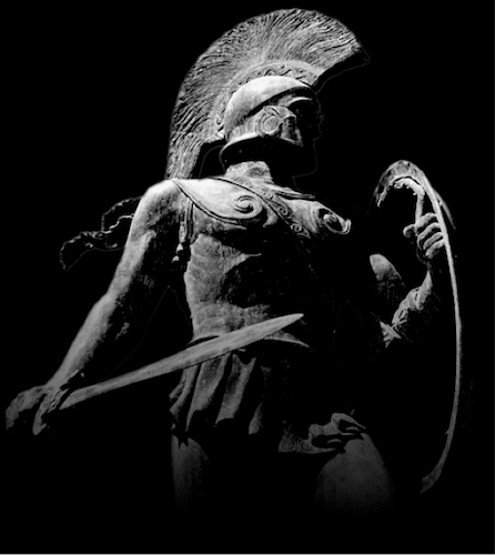Greek warrior statue with spear shield battle helmet.