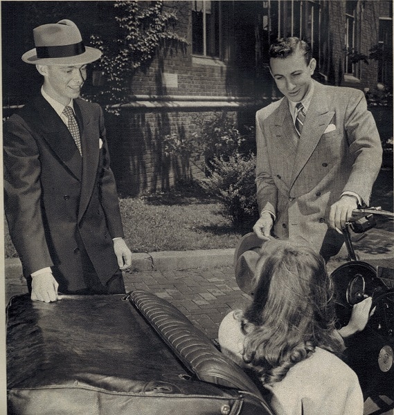 vintage college men 1948 talking to woman in car