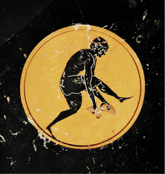 Ancient Greek artwork man throwing disc using both hands. 