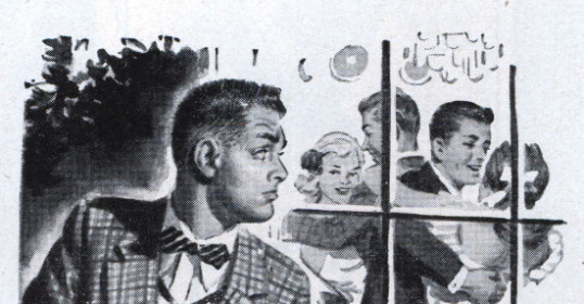 An illustration of a man in a black suit looking out a window.