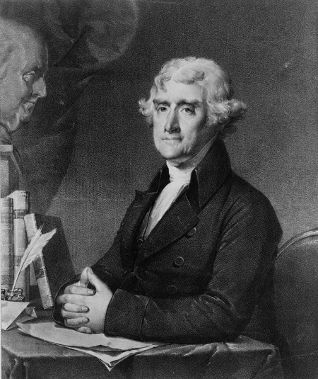 Thomas Jefferson sitting at desk illustration.