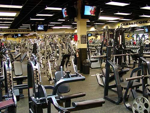 Empty gym with modern exercise machines.