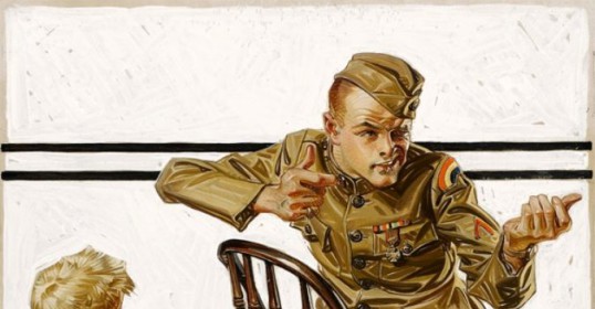 A soldier telling a group of children a story.