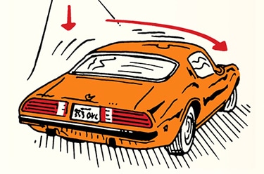 Illustration of an orange car performing a sharp J-Turn to the right.