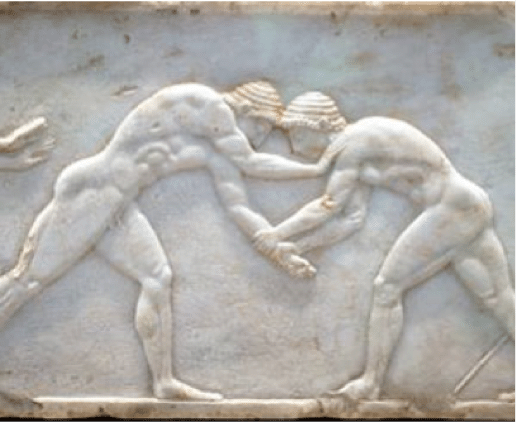 Ancient greek marble engraving men wrestling grappling. 