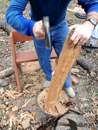 Diy ax handle trimming stave with hatchet. 