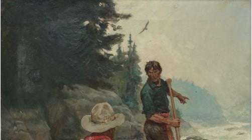 A Manvotional painting of two men in a canoe.