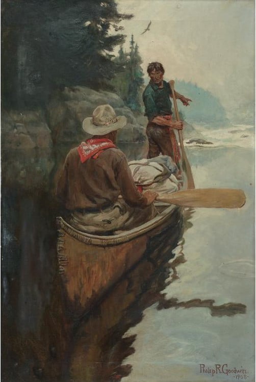 Two men sailing the boat and look at way ahead illustration. 