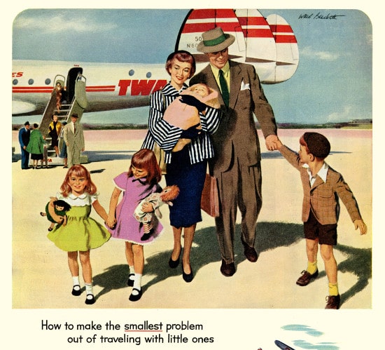 Family walknig off plane with childrens illustration.