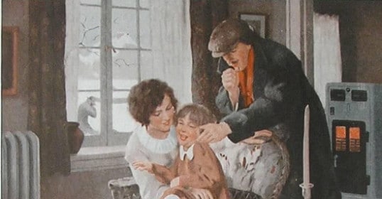 A painting of a family sitting in front of the fireplace in their house during winter.