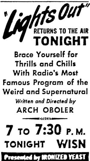 A poster of lights out by Arch Oboler.