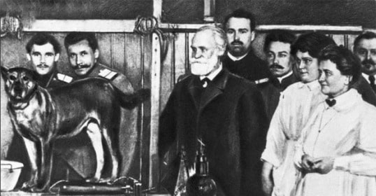 An old black and white drawing of a group of people, with a dog.