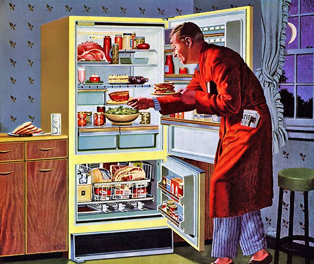 vintage painting illustration man in robe having midnight snack