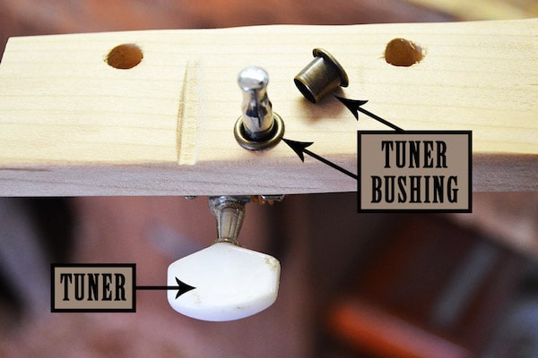 The tuner bushing of the cigar box on wooden slab.
