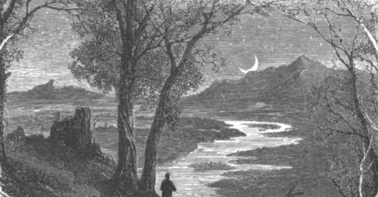 A drawing of a serene landscape with trees and a river.