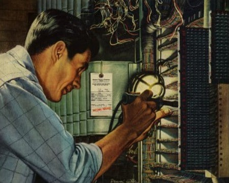 Painting vintage electrician working on electrical panel.